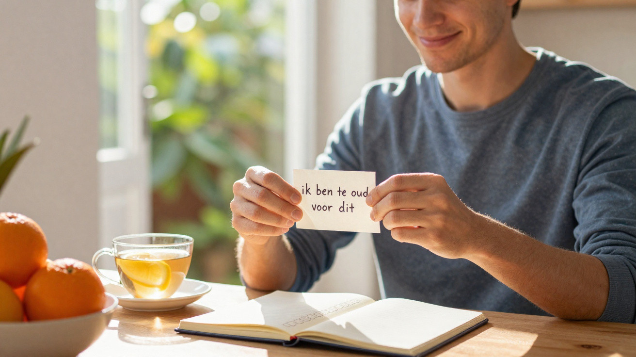 Homem sorrindo segurando um papel com texto em holandês à mesa com caderno, chá e frutas.