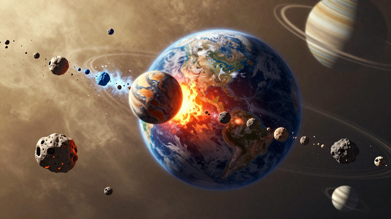 Planetas e asteroides em colisão no espaço, com destaque para a Terra e um planeta com anéis ao fundo.
