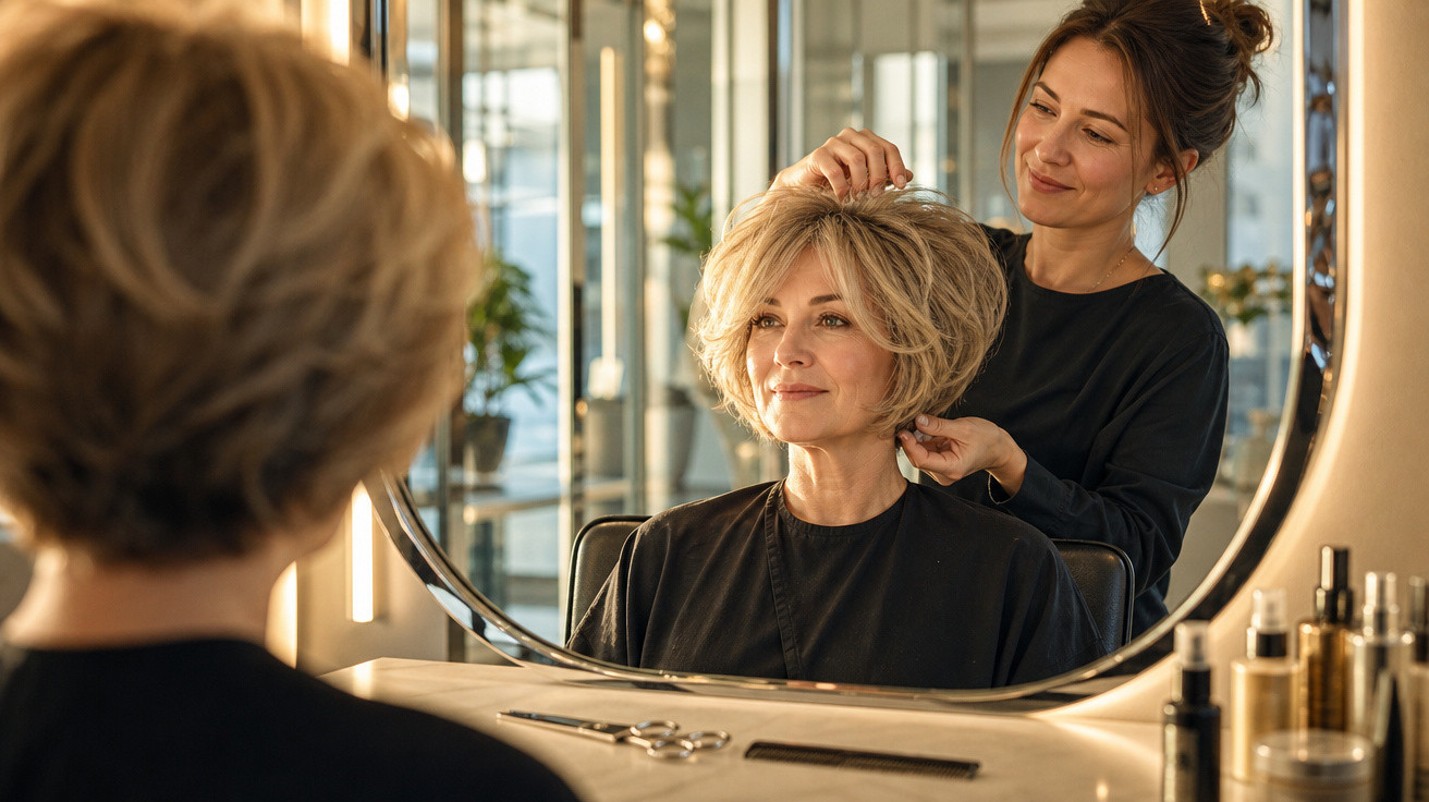 Cabeleireira ajusta corte de cabelo curto de mulher em salão moderno com espelho oval iluminado.