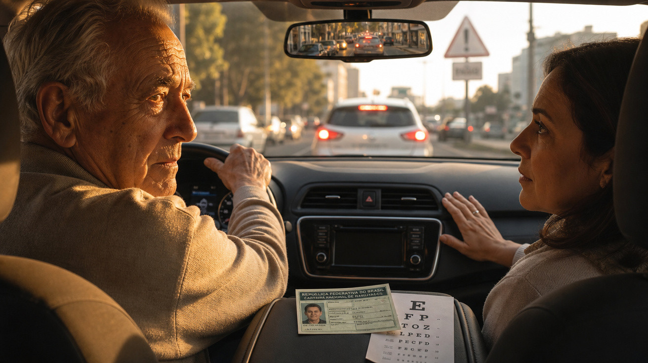 Homem mais velho dirige carro com mulher ao lado, mostrando carteira de motorista e tabela de teste de vista.