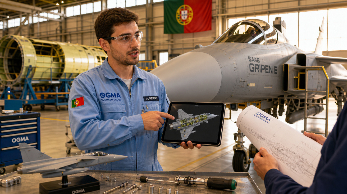 Engenheiro em uniforme azul apresenta projeto digital de caça Gripen em hangar com modelo e peças aeronáuticas.