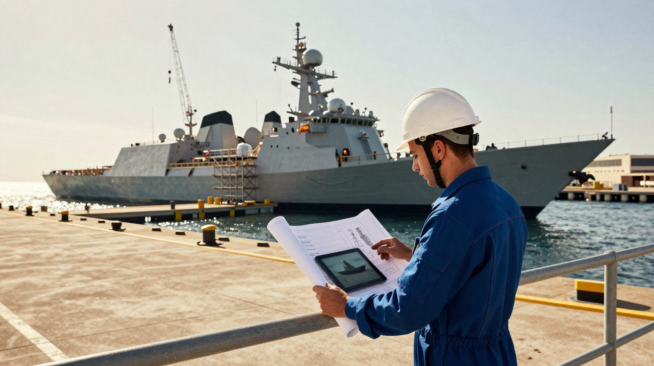Homem de capacete branco analisa planta e tablet no cais com navio militar ancorado ao fundo.