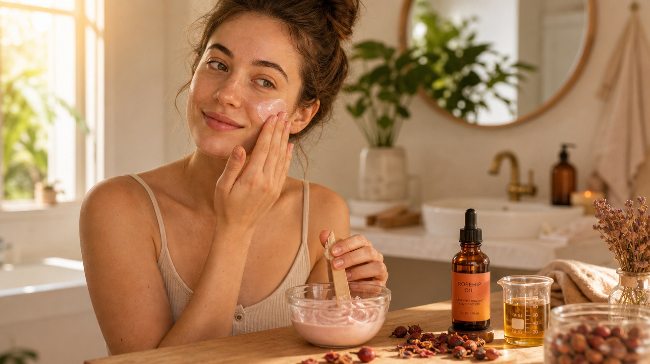 Mulher aplica creme facial em ambiente claro e aconchegante com produtos de beleza ao redor.
