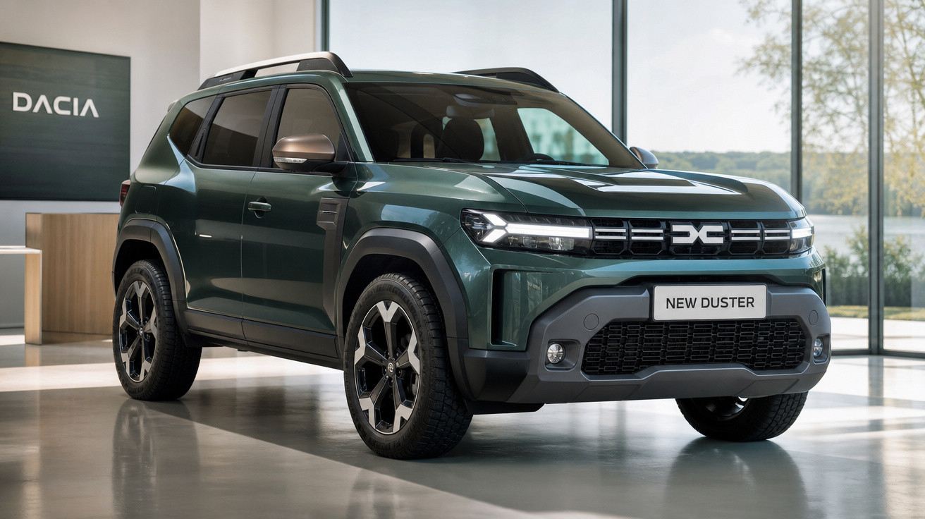 SUV Dacia New Duster verde escuro exibido em ambiente interno com facho de luz natural.