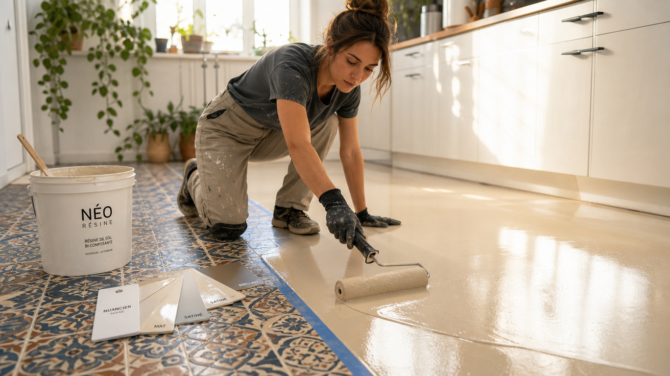 Mulher aplicando resina com rolo sobre piso de azulejo numa cozinha iluminada.