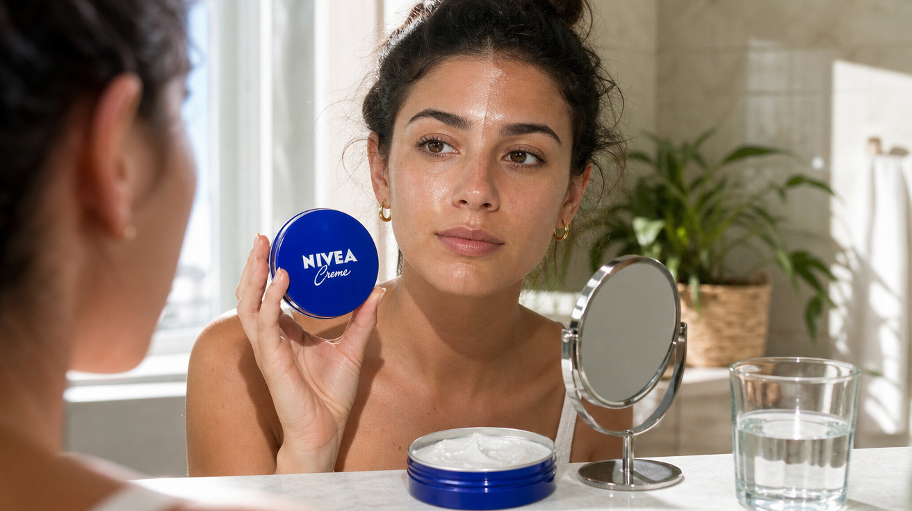 Mulher aplica creme Nivea no rosto enquanto se olha no espelho em banheiro iluminado.