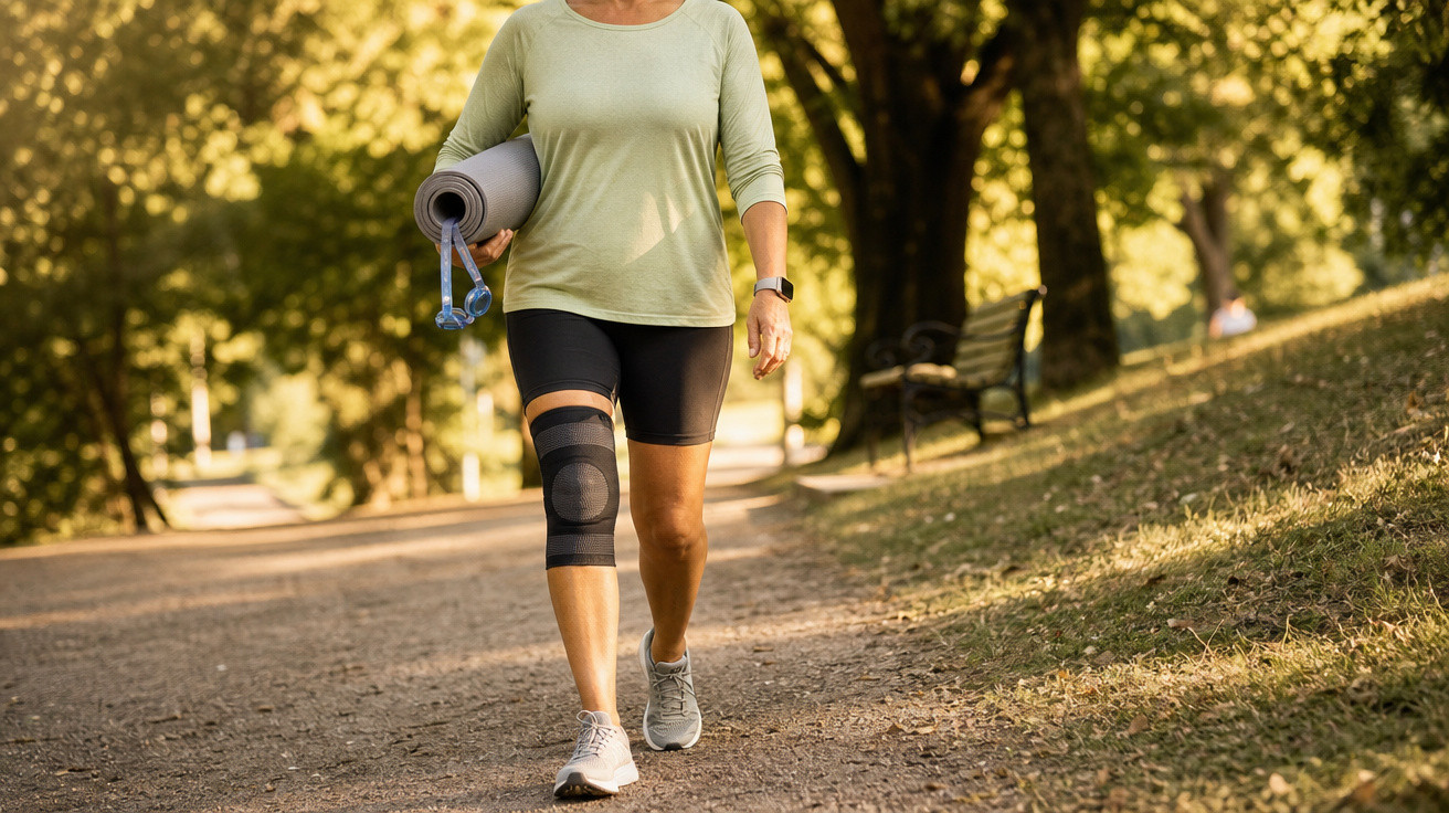 Mulher caminhando em parque com suporte de joelho, roupas esportivas e tapete de yoga dobrado no braço.