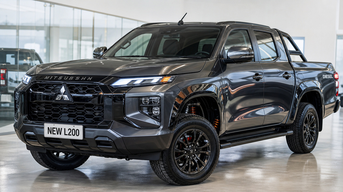 Picape preta Mitsubishi L200 diesel exibida em salão moderno e iluminado.