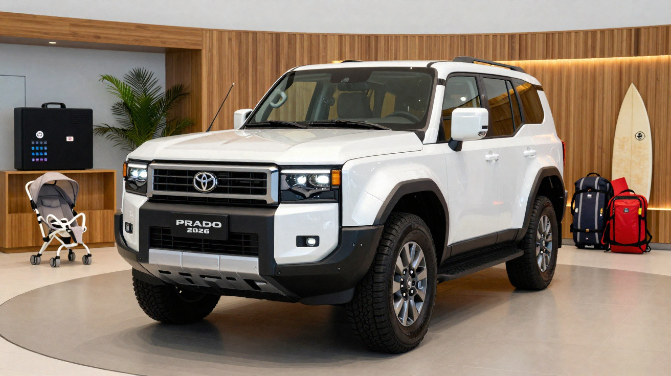Carro branco Toyota Prado 2026 estacionado em ambiente interno com mala, mochila e prancha ao fundo.