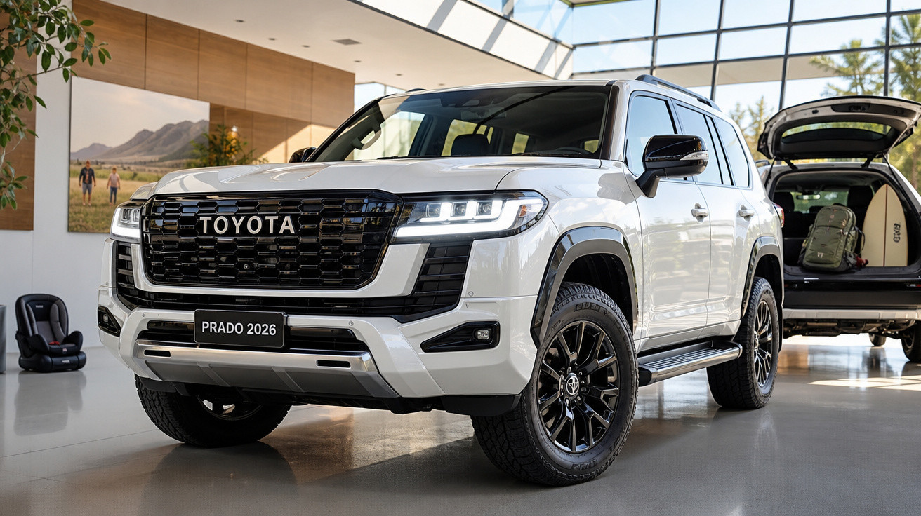 SUV Toyota Prado 2026 branco exibido em showroom com porta-malas aberto e mochila dentro.