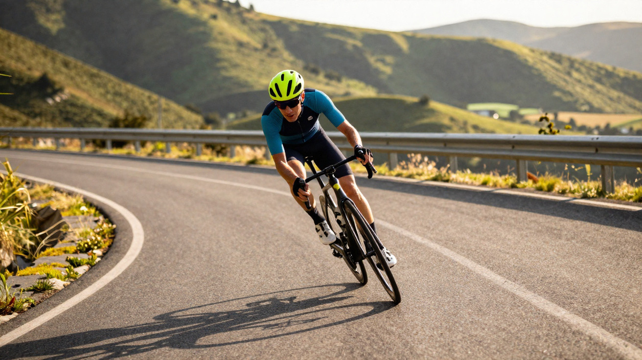 Ciclista de capacete verde e roupa azul pedalando em estrada curva com montanhas ao fundo.