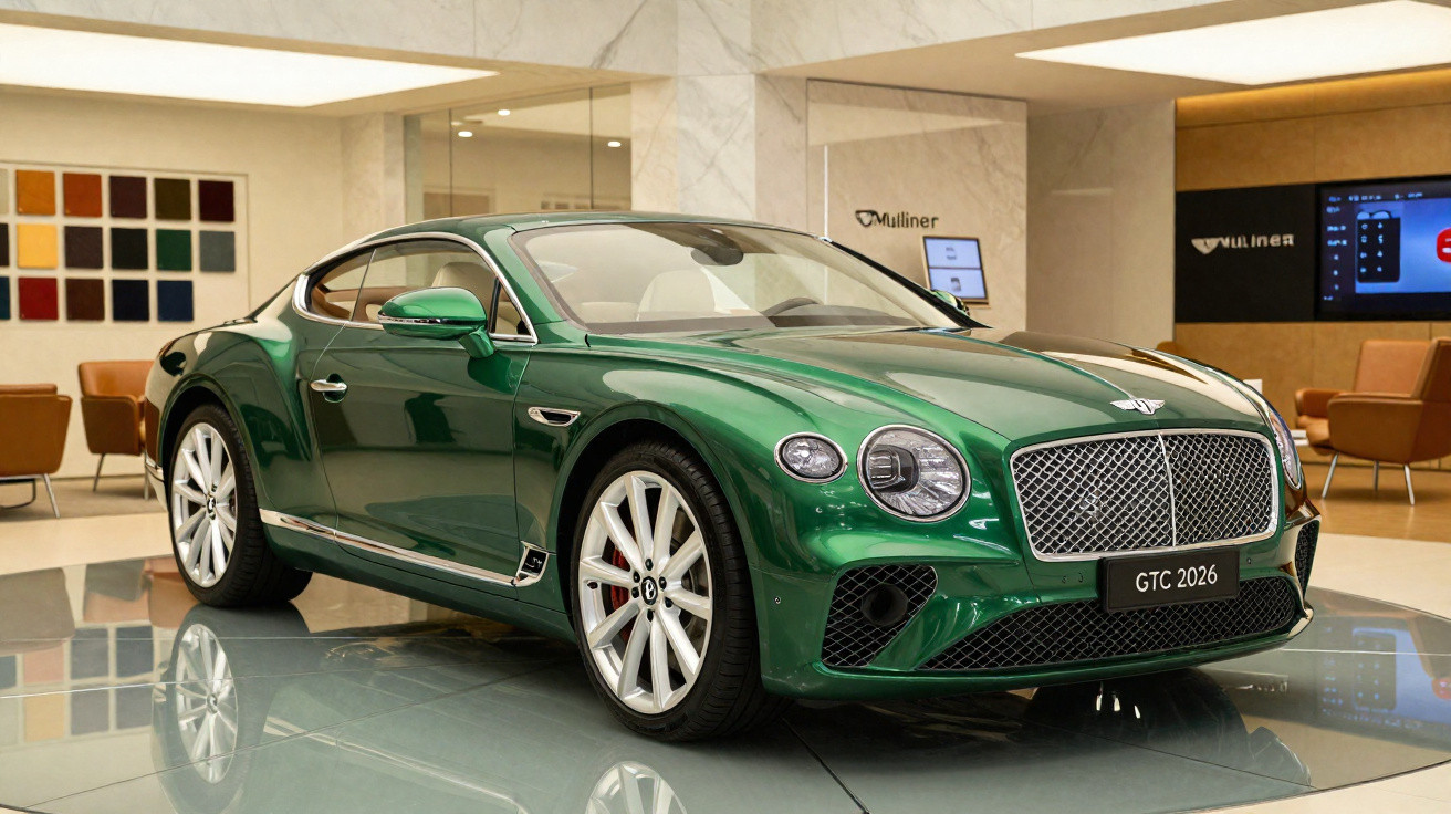 Carro esportivo Bentley verde modelo GTC 2026 exibido em showroom luxuoso.