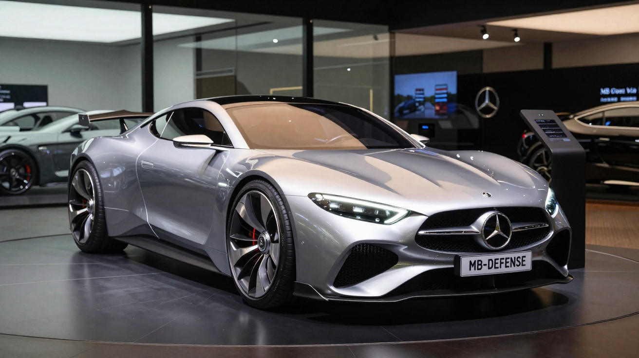 Carro esportivo prata Mercedes-Benz MB-Defense exibido em salão de automóveis moderno