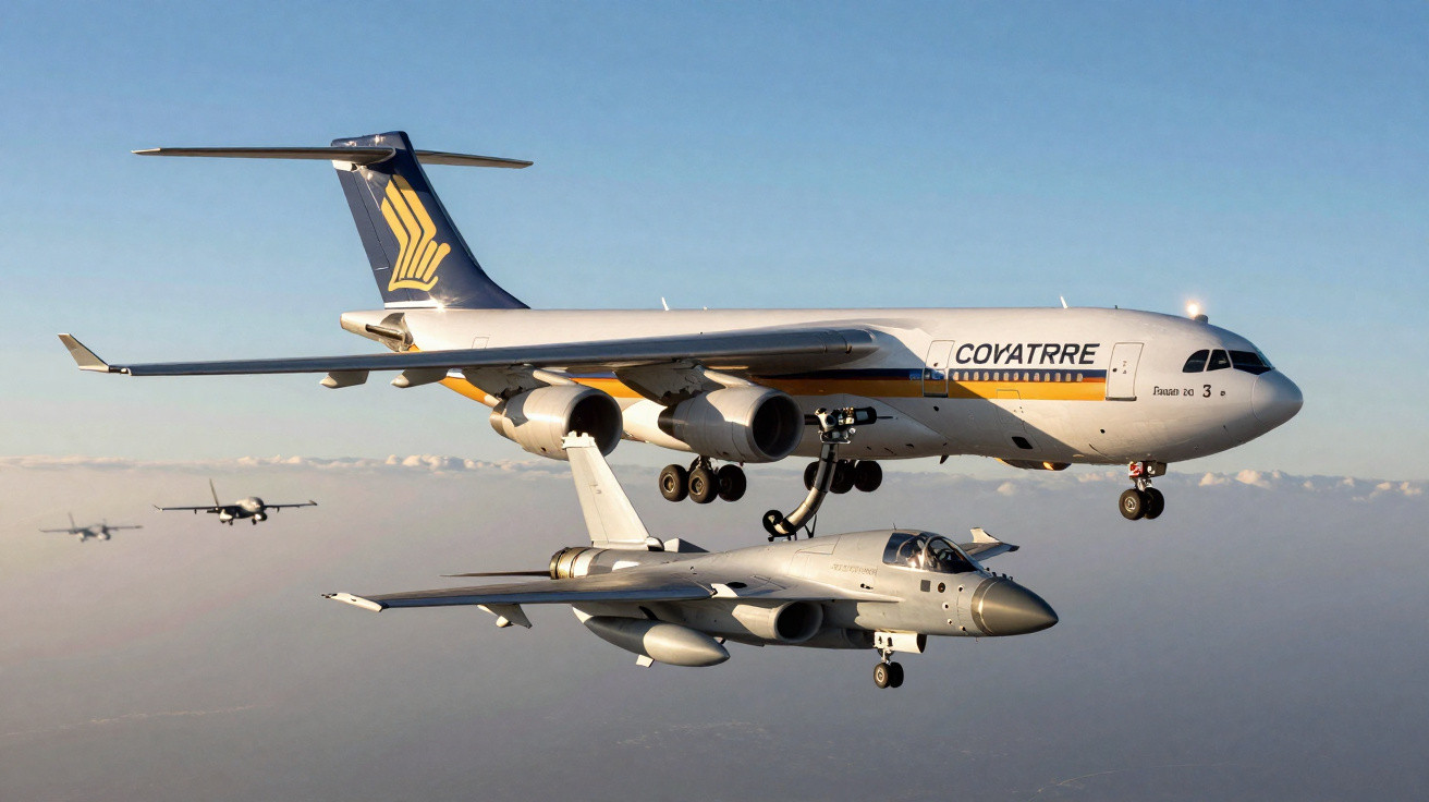 Avião tanque Covaturre reabastece avião caça voando em formação no céu azul.