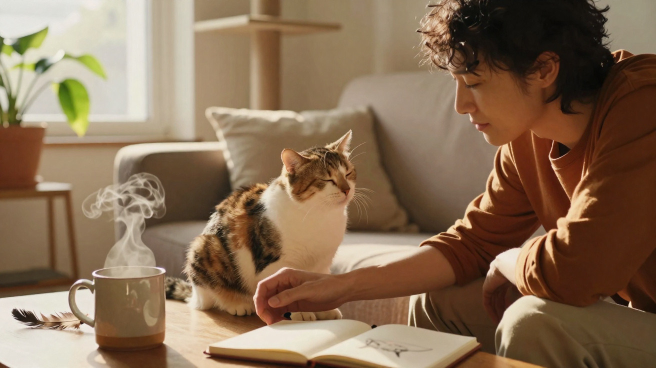 Pessoa acariciando um gato em uma sala aconchegante com um livro aberto e uma xícara de chá fumegante.