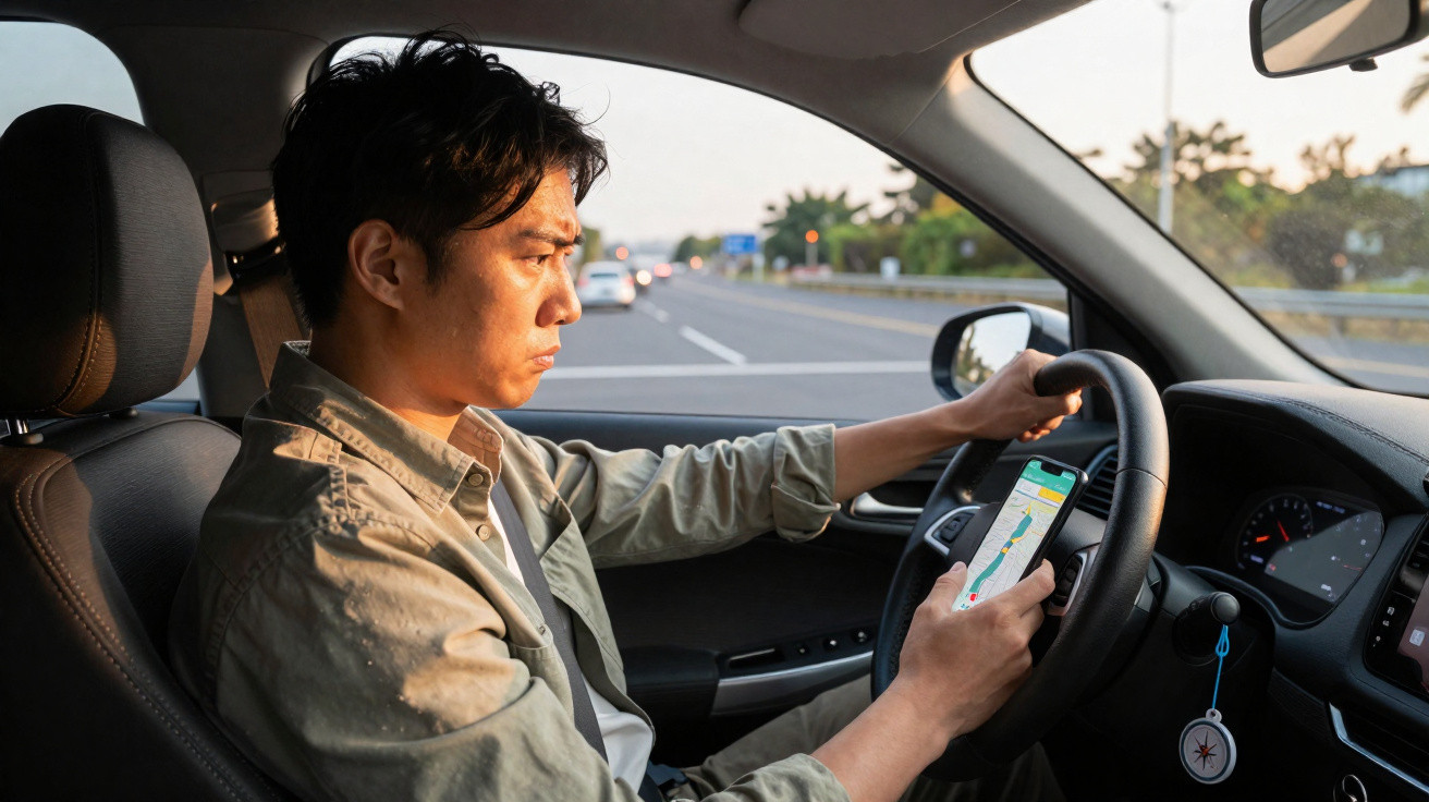 Homem dirigindo carro e consultando aplicativo de navegação no celular durante o dia.