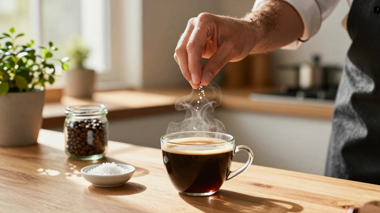 Mão masculina adicionando açúcar em xícara transparente com café quente sobre balcão de madeira.