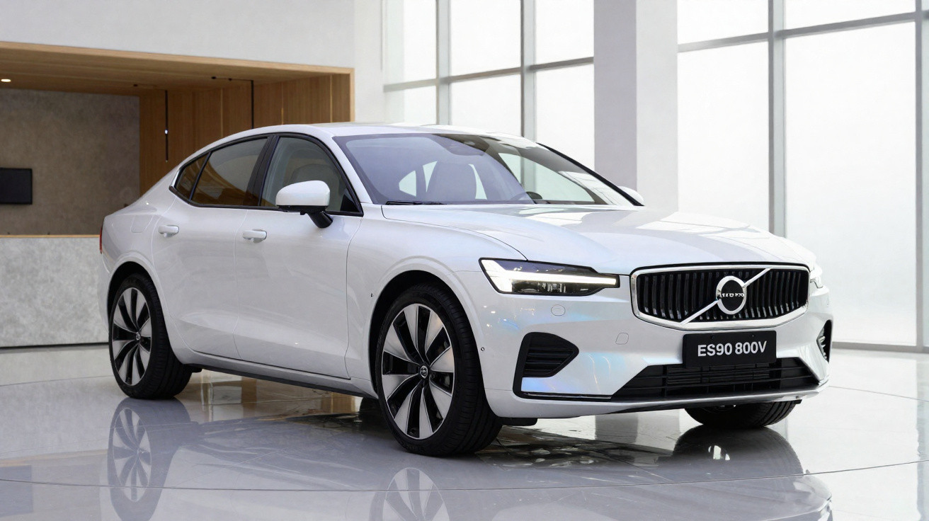 Carro elétrico Volvo ES90 800V branco estacionado em ambiente interno moderno com paredes de vidro.