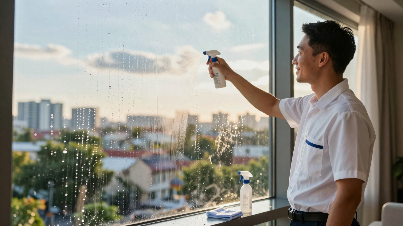 Homem limpando janela de vidro com borrifador em ambiente urbano ao entardecer.