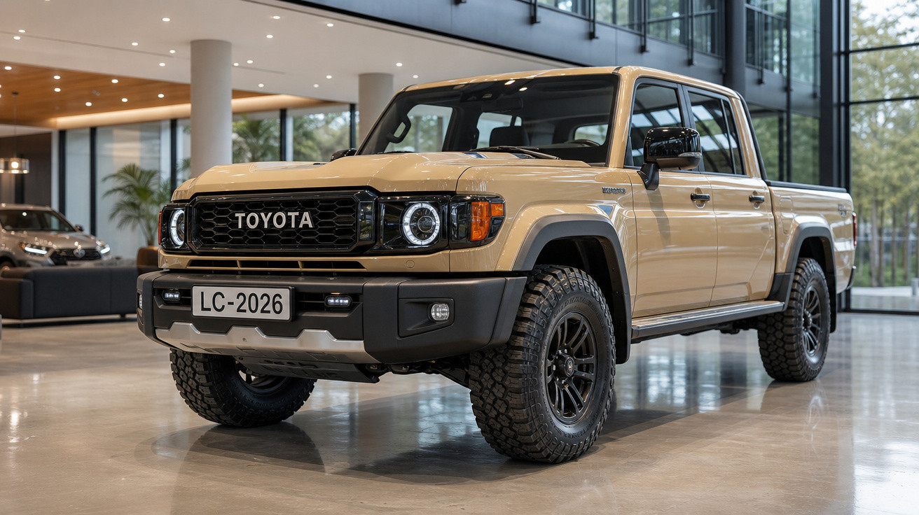 Pickup Toyota bege modelo 2026 em showroom moderno com vidros e piso brilhante.