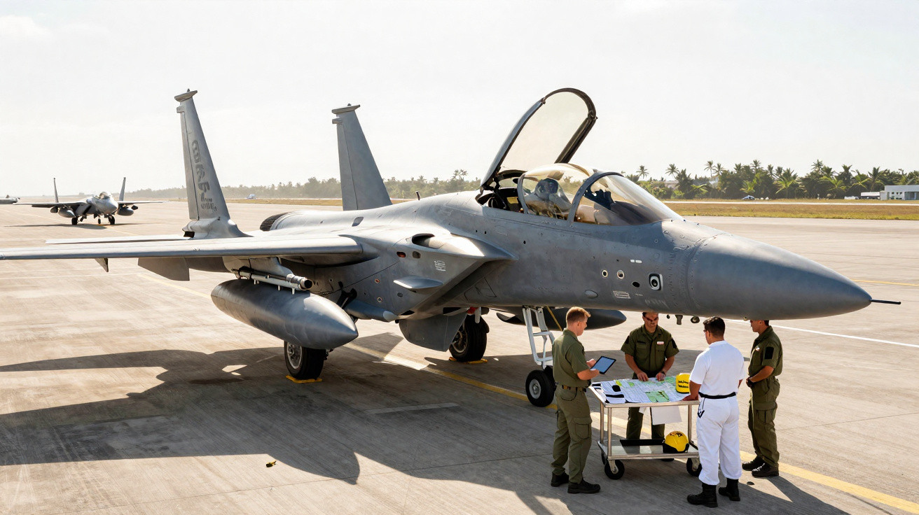 Caça F-15 estacionado em pista com quatro militares ao redor analisando mapas e documentos.