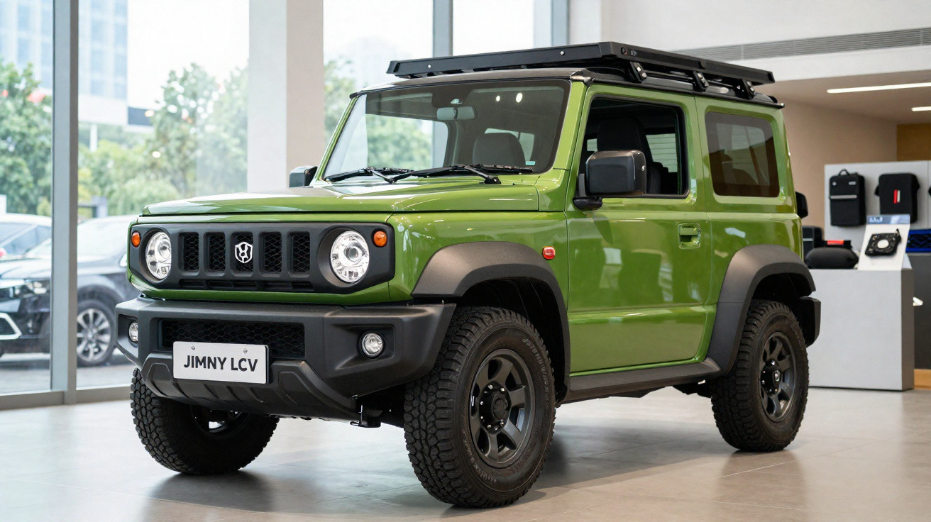 Carro SUV verde JIMNY LCV em showroom moderno com design robusto e pneus off-road.