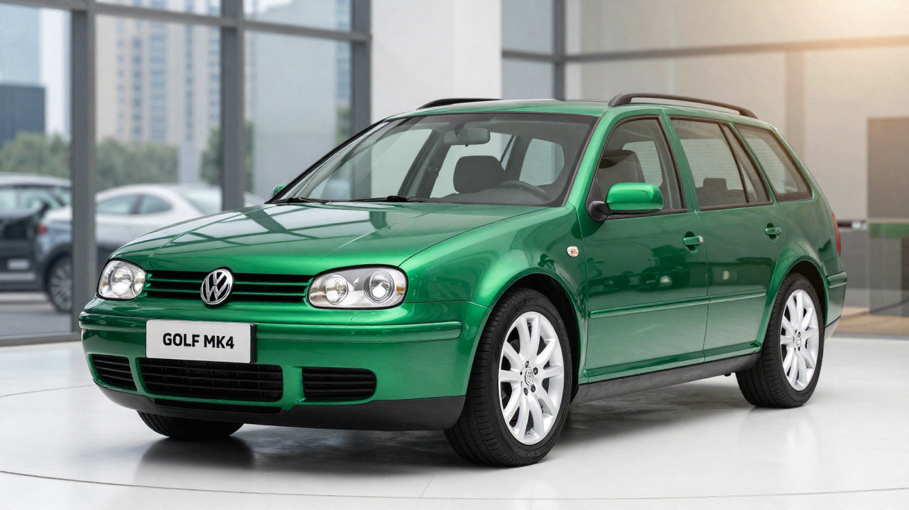 Carro Volkswagen Golf MK4 perua na cor verde em exposição interna com rodas brancas.