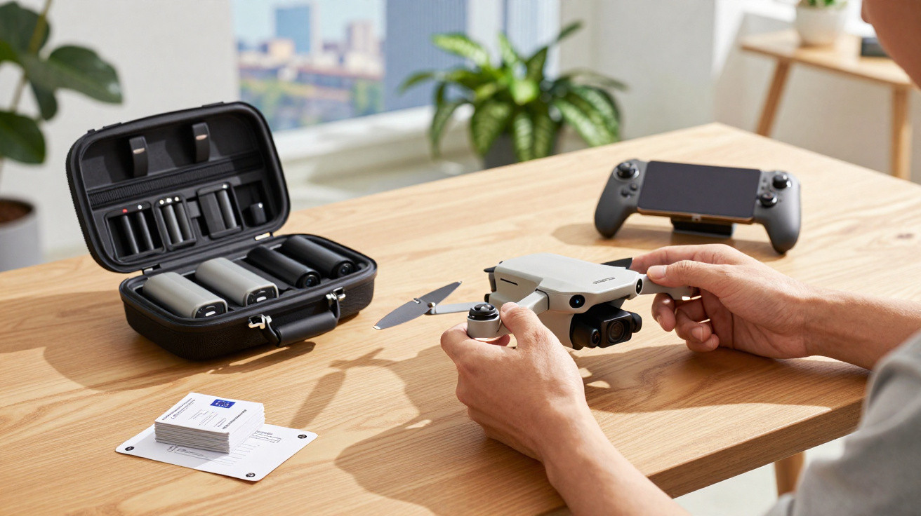 Pessoa segurando drone branco sobre mesa com case de baterias, controle e cartões de visita à esquerda.