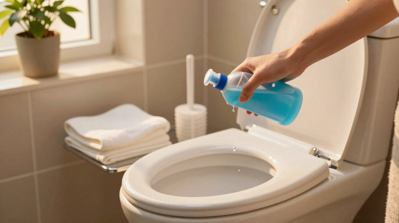 Pessoa aplicando limpador líquido azul no vaso sanitário branco em banheiro iluminado.