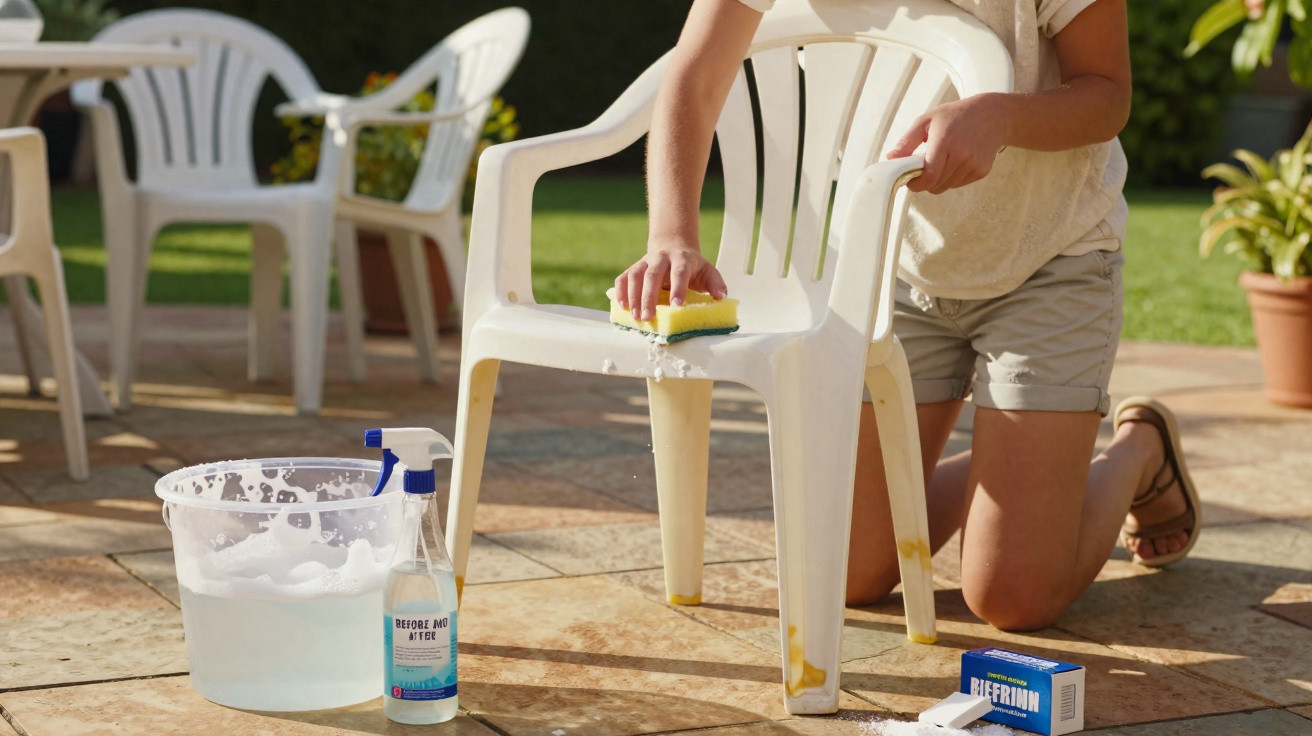 Pessoa limpando cadeira branca de plástico com esponja e produtos de limpeza ao ar livre.