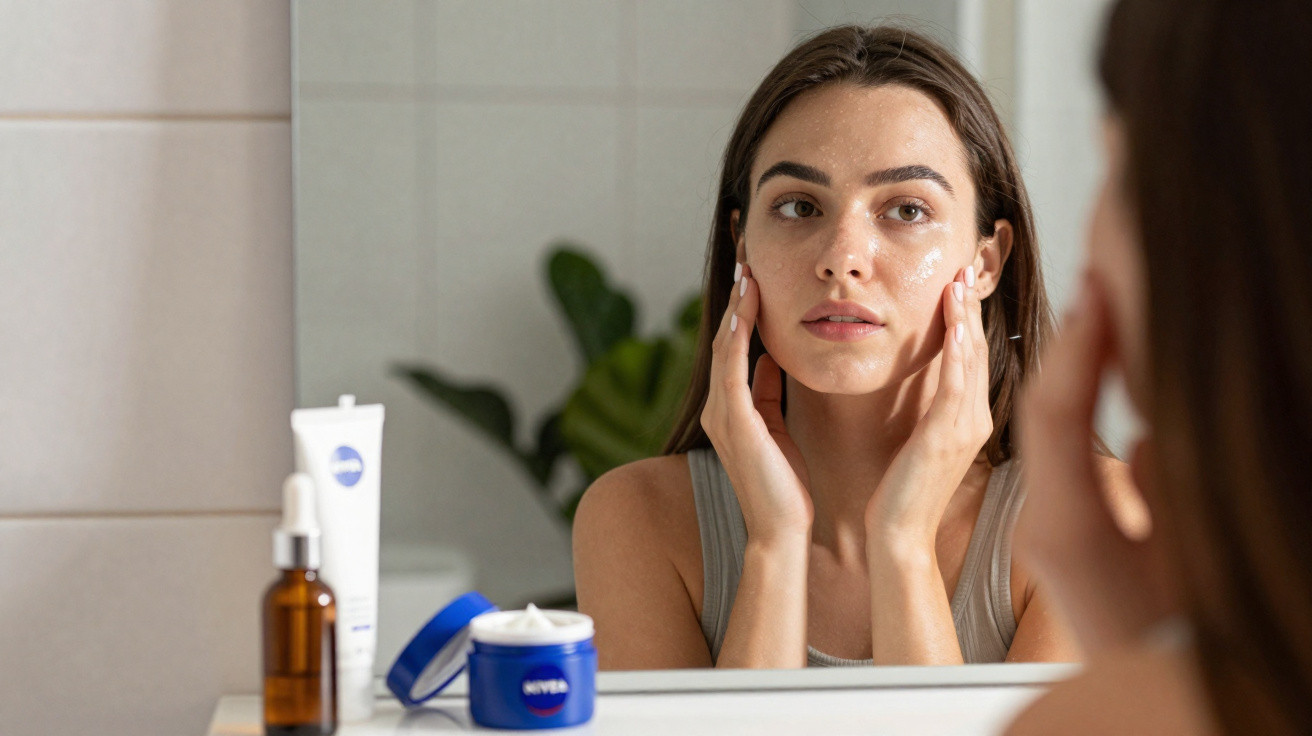 Mulher aplicando creme facial em frente ao espelho em banheiro com produtos de skincare na bancada.