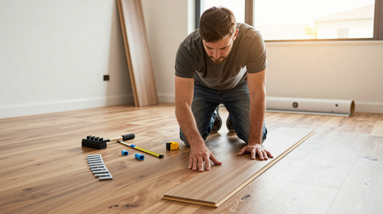 Homem ajoelhado instalando piso laminado em ambiente interno com ferramentas ao redor.