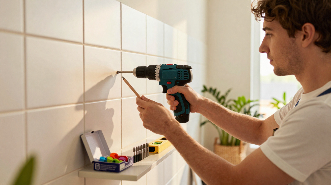 Homem usando parafuseira para fixar objeto em parede branca de azulejos, com prateleira e plantas ao fundo.