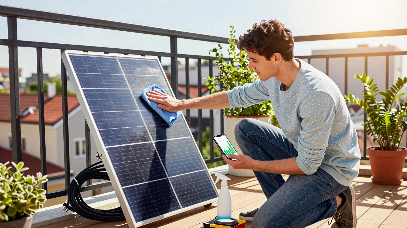 Jovem limpa painel solar em varanda ensolarada segurando celular com gráfico de energia.