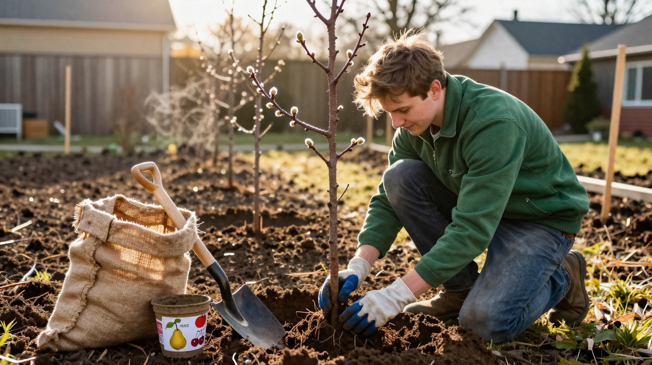 Jovem plantando árvore com luvas em jardim ao ar livre, próximo a enxada e saco de terra.