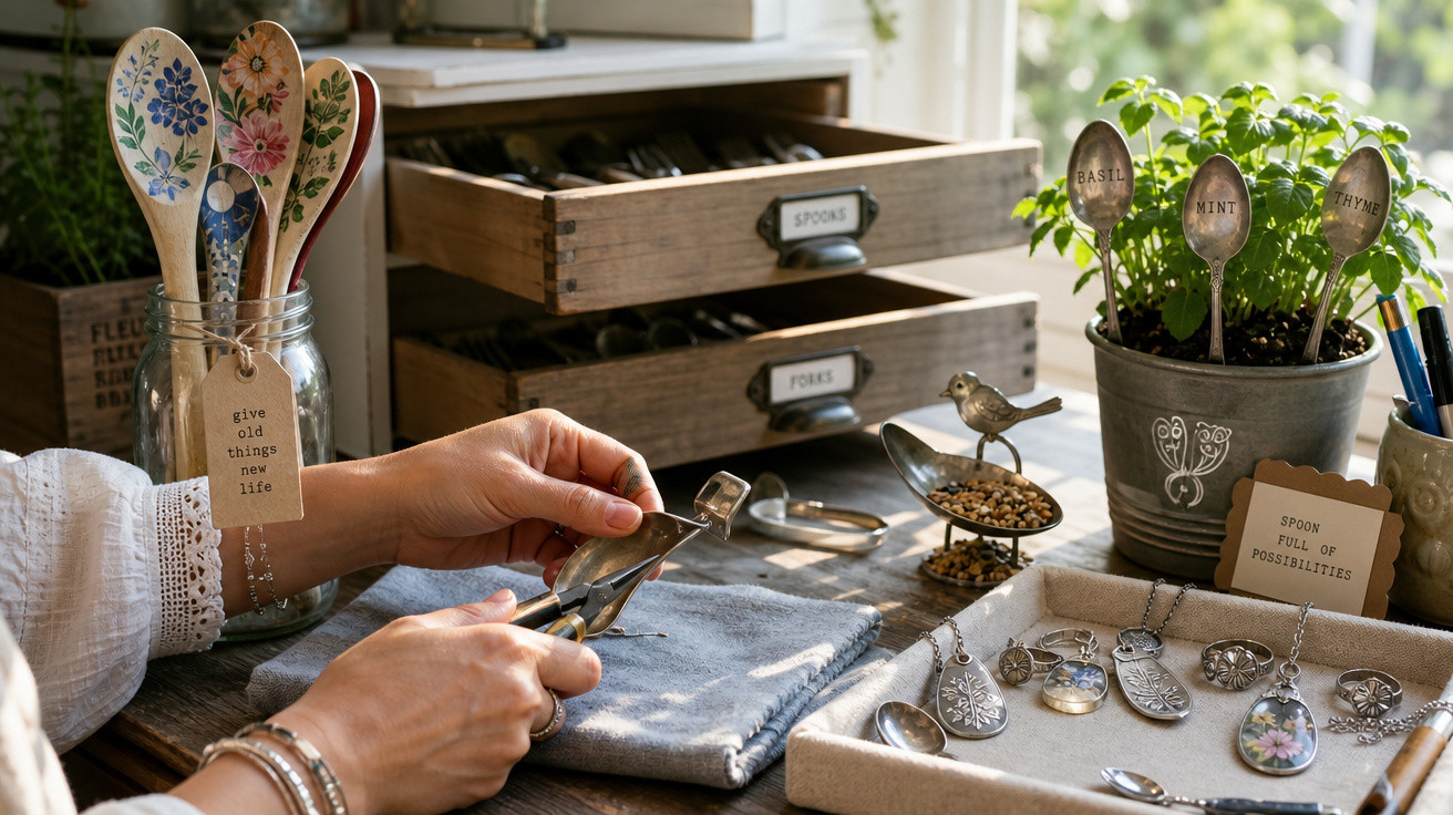 Mãos femininas trabalhando com colheres decoradas e plantas em utensílios rústicos sobre mesa de madeira.