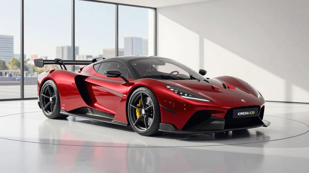 Carro esportivo vermelho Kimera K39 estacionado em ambiente moderno com grandes janelas e piso branco.