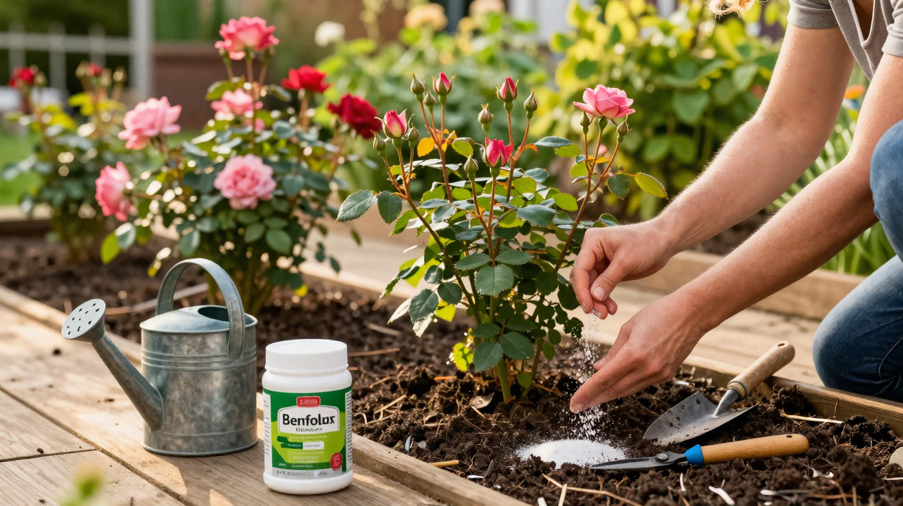 Pessoa aplicando fertilizante ao redor de roseira em jardim, com regador e ferramentas ao lado.