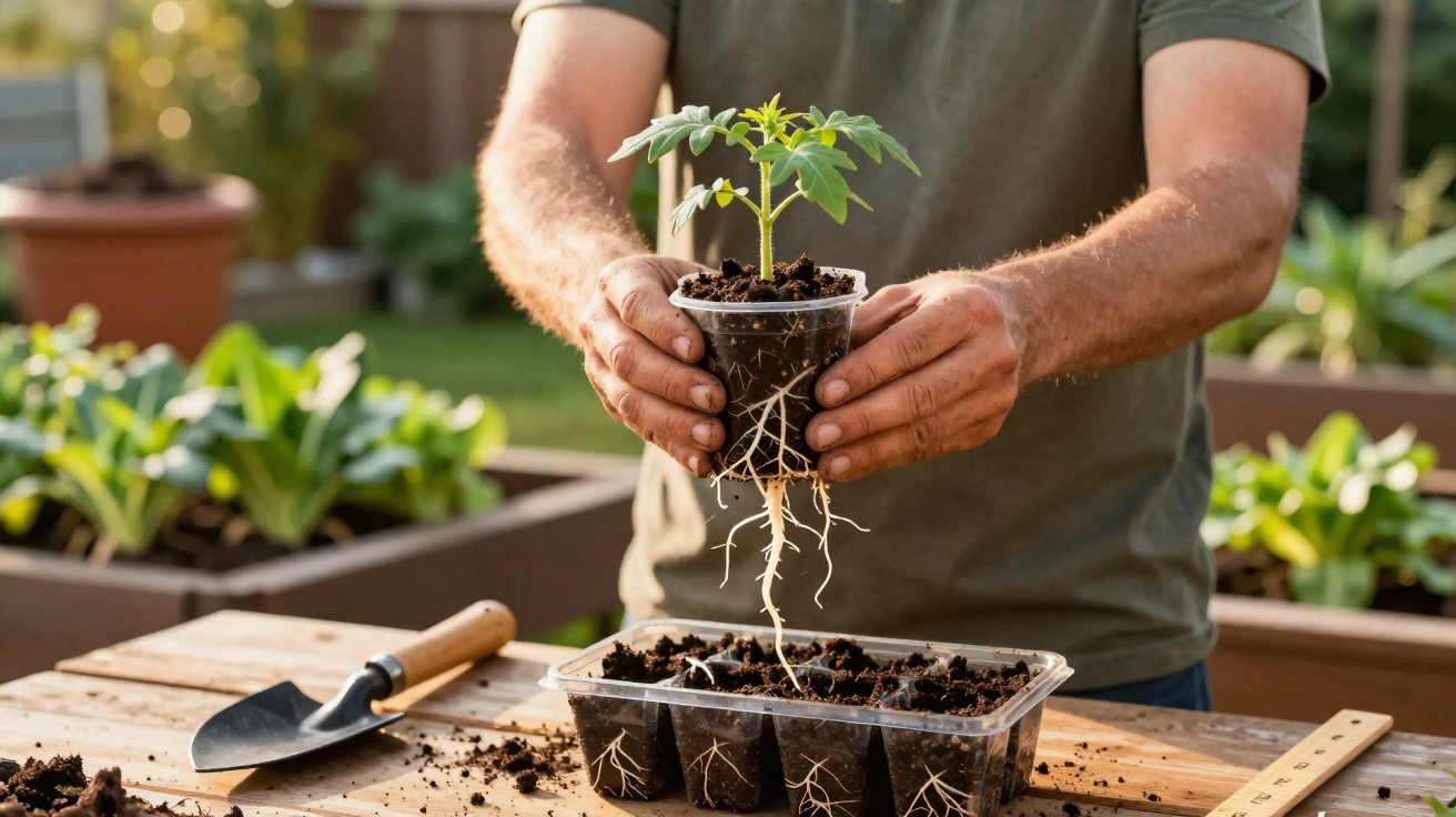 Pessoa segurando muda de planta com raízes expostas sobre mesa com utensílios de jardinagem.