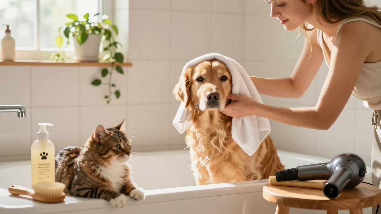 Mulher secando cachorro com toalha, gato na banheira, secador e escova sobre mesa próxima.