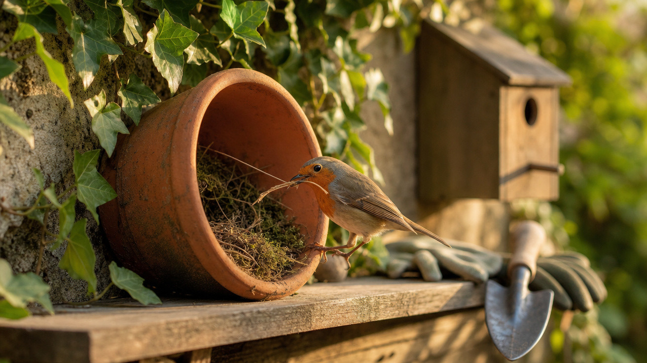 Pássaro construindo ninho dentro de vaso de barro com ferramentas de jardinagem ao fundo.