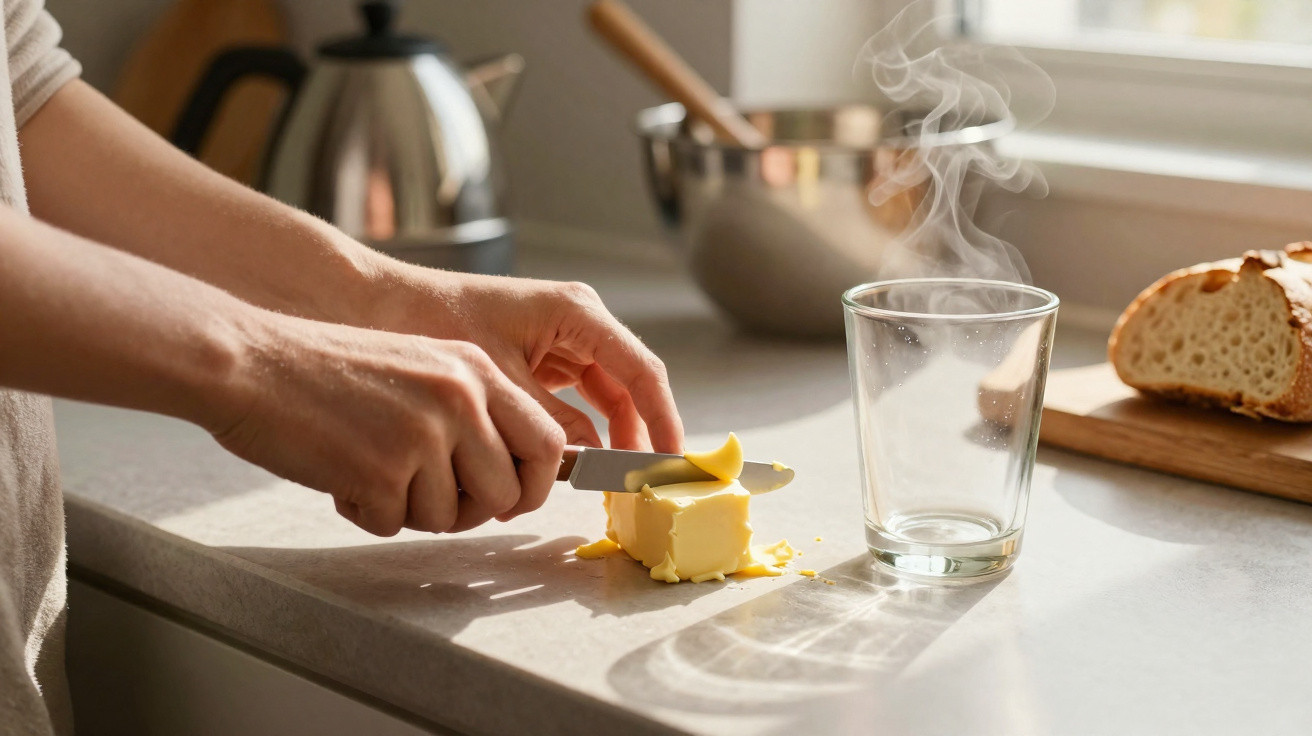 Pessoa passando manteiga em uma faca na cozinha, com pão e copo com vapor na bancada.