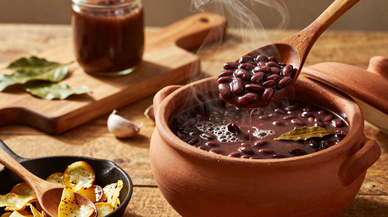 Sopa de feijão preto quente em panela de barro com folha de louro e batatas chips temperadas.