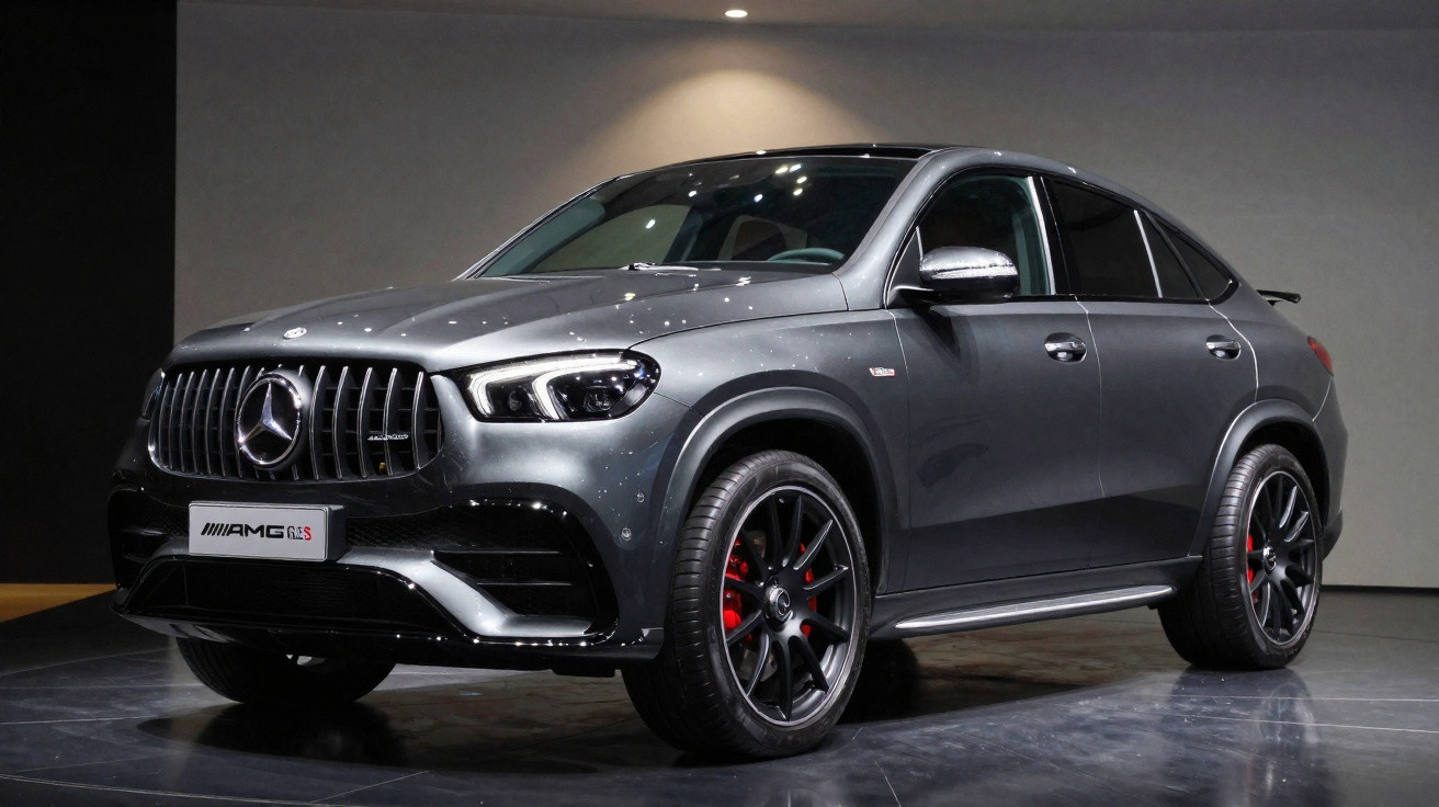 Carro esportivo Mercedes-Benz AMG cinza metálico com rodas pretas e detalhes vermelhos em ambiente interno.