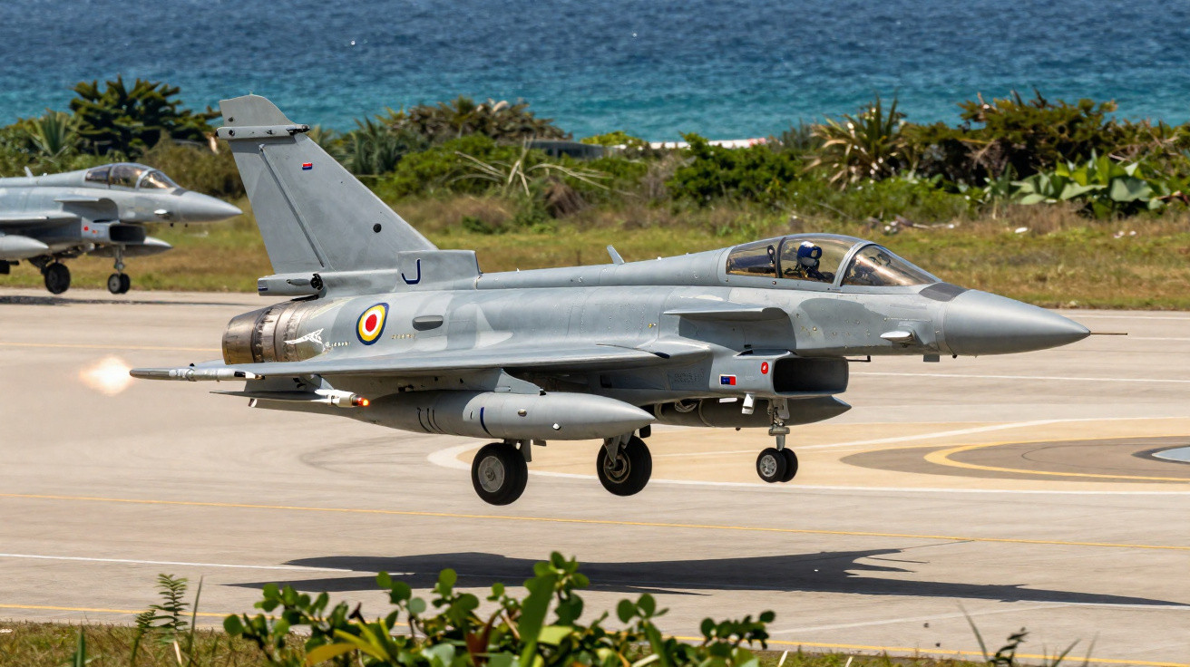 Caça militar cinza com marcação circular em pista próxima ao mar durante pouso.
