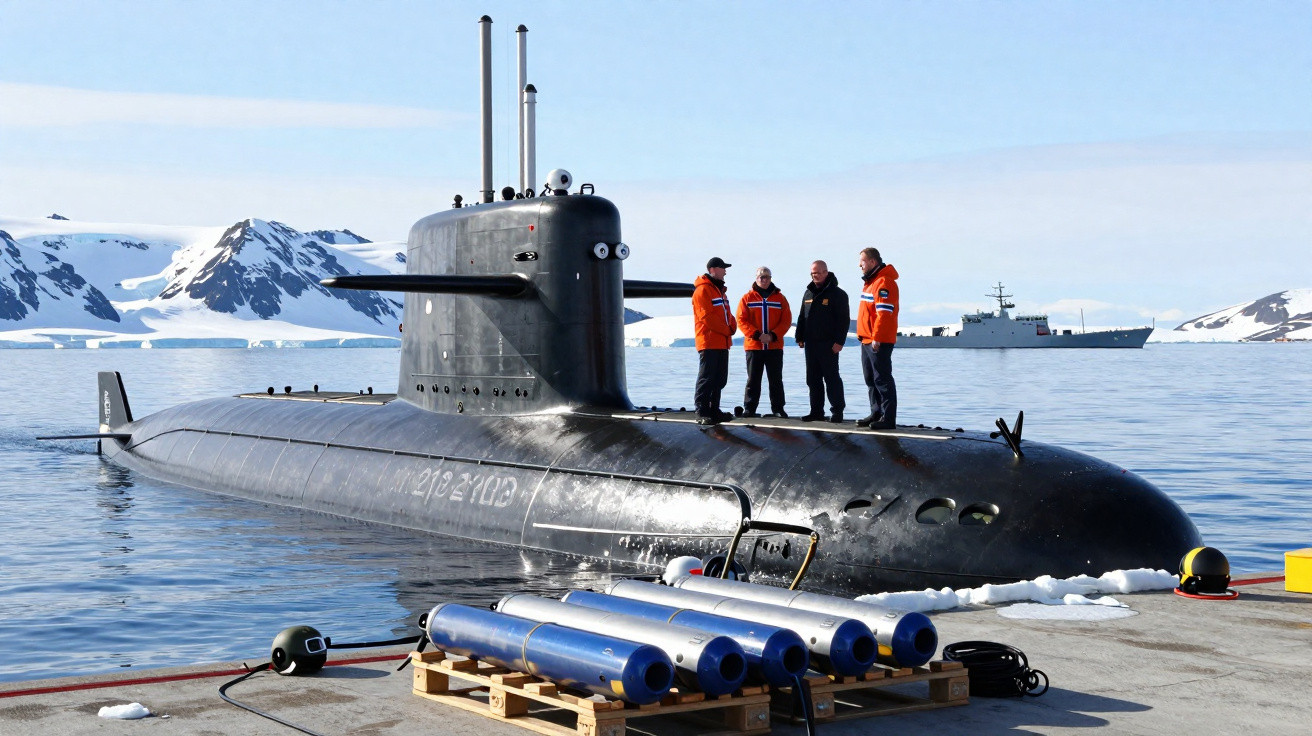 Submarino negro encostado em cais com quatro pessoas de jaquetas laranja e montanhas nevadas ao fundo.