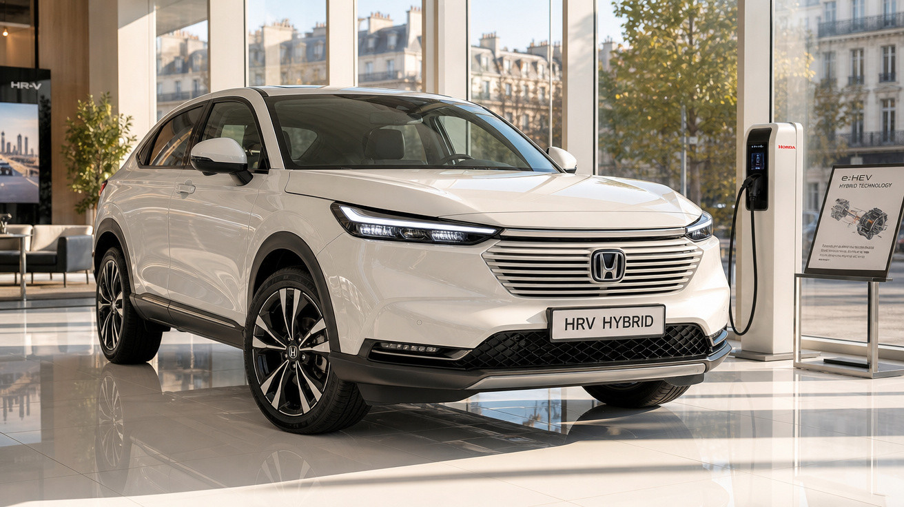Carro branco Honda HR-V Hybrid exibido em salão com carregador elétrico ao lado.