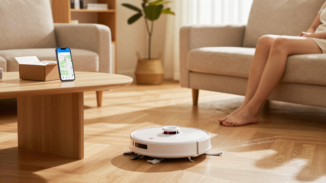 Robô aspirador limpando chão de madeira em sala com sofá e mesa, celular exibindo app de controle.