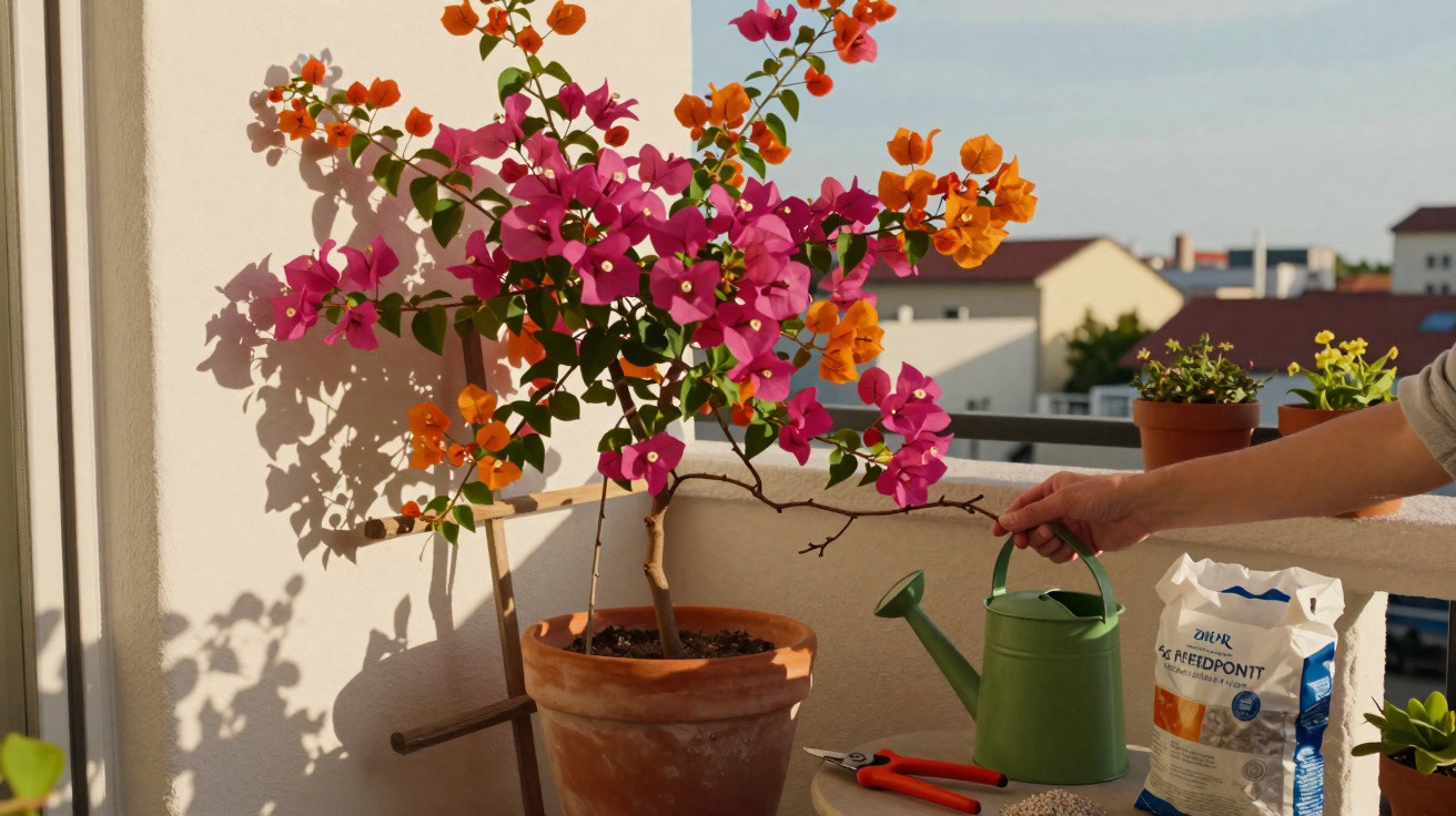 Pessoa regando flor rosa e laranja em vaso grande no parapeito de varanda ao entardecer.