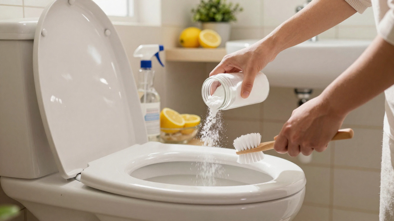 Pessoa aplicando pó de limpeza em escova para limpar assento do vaso sanitário em banheiro.